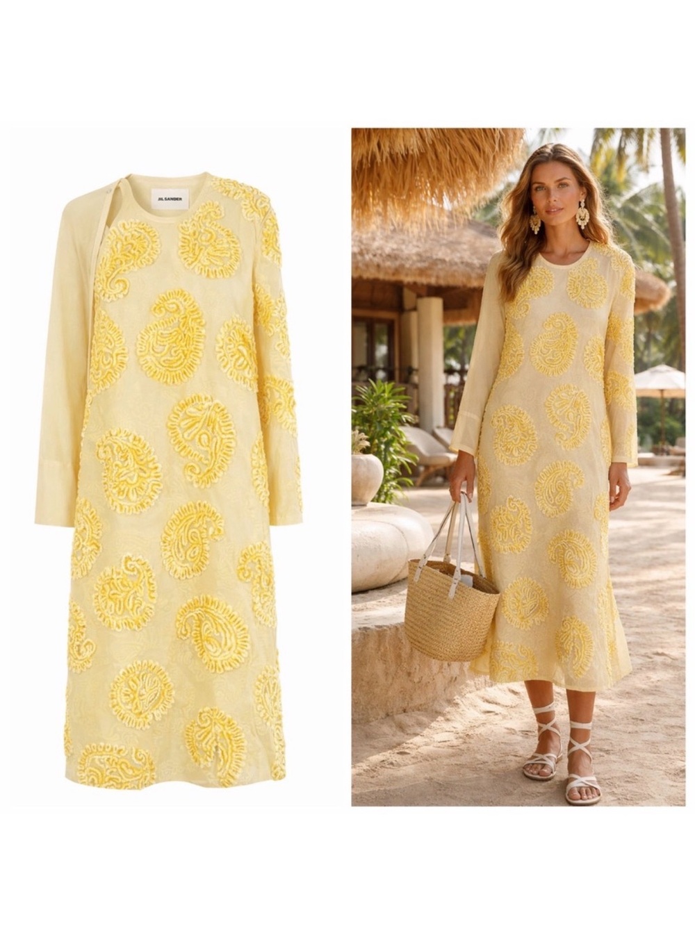 Jil Sander Yellow Midi Dress Cotton Kaftan Sheer Embroidered 2 Beach Vacation 🟡